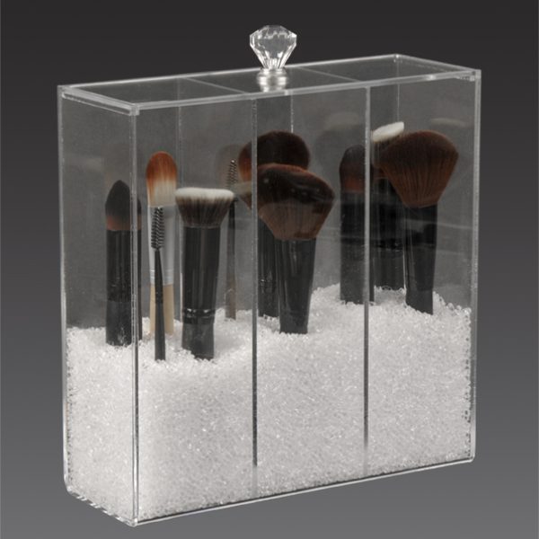 Glamourebox Clear Acrylic Makeup Brush Holder 3 Compartment With Crystal Knob Lid (A3)